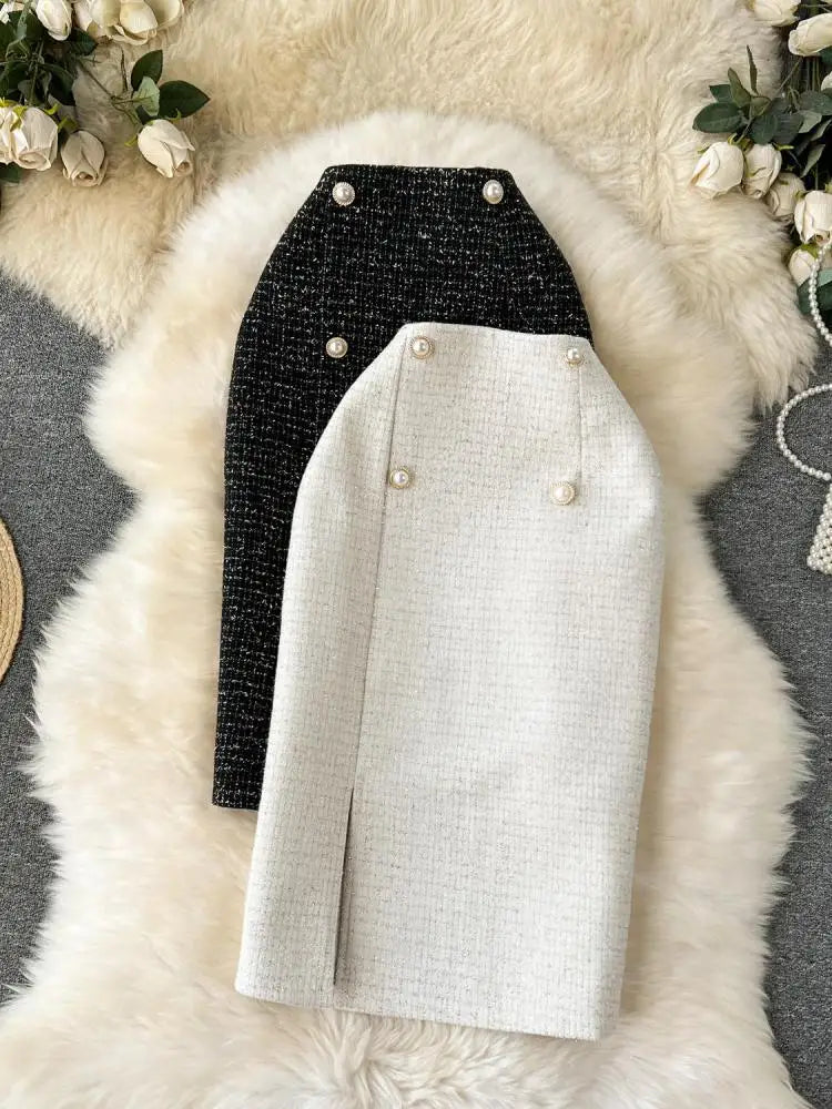 Autumn Winter Black Pearl Woolen Pencil Skirts Women White Office Elegant Midi Thick Warm Skirt New Wrap Hip Split Skirt Ladies