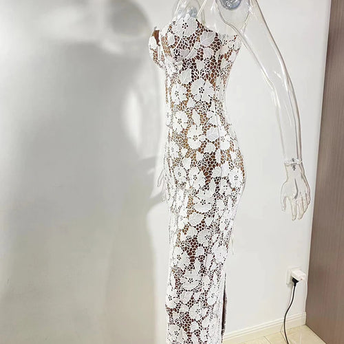 Load image into Gallery viewer, Floral Embroidery Sexy Maxi Dress For Women Fashion Spaghetti Strap Sleeveless Backless Lace-up Club Party Long Dress
