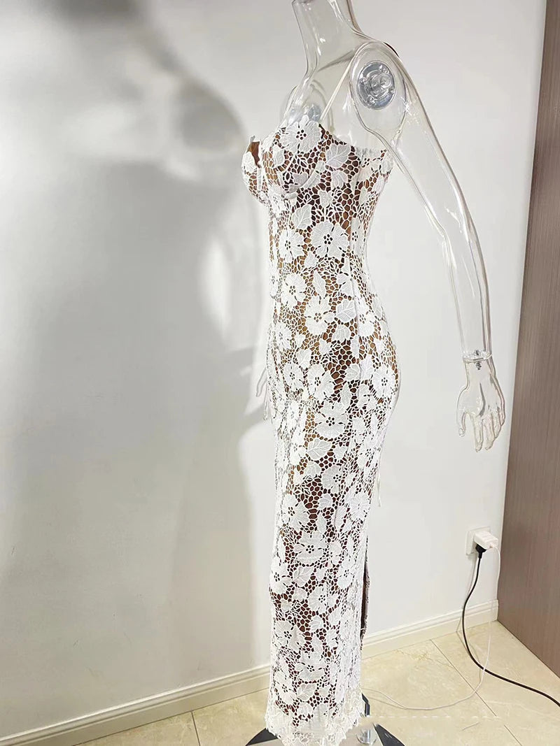 Floral Embroidery Sexy Maxi Dress For Women Fashion Spaghetti Strap Sleeveless Backless Lace-up Club Party Long Dress