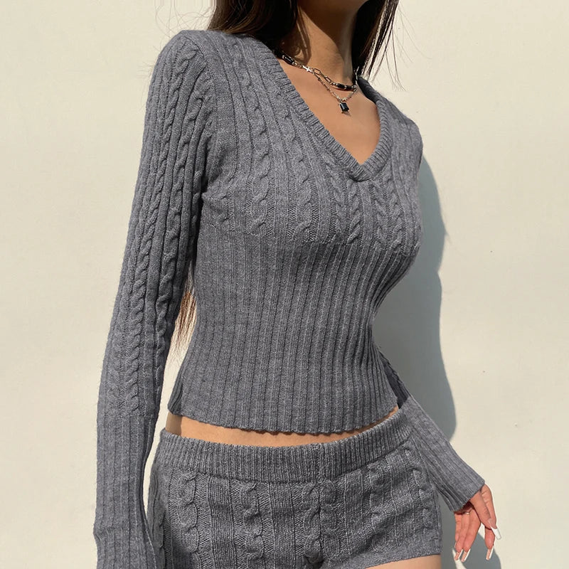 V Neck Vintage Twisted Autumn Sweater Slim Harajuku Y2K Top Clothing Streetwear Women's Jumper Knitted Pullovers Chic