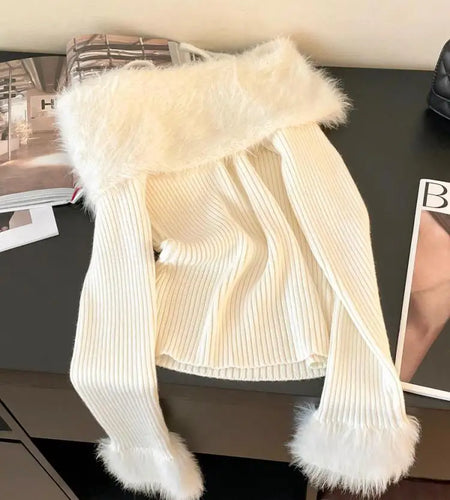 Autumn Winter Beige Blue Elegant Plush Neck Off Shoulder Short Knitted Sweater Korean Women's Brown Long Sleeved Pullover Tops