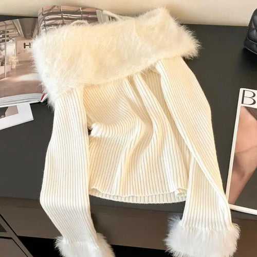 Load image into Gallery viewer, Autumn Winter Beige Blue Elegant Plush Neck Off Shoulder Short Knitted Sweater Korean Women's Brown Long Sleeved Pullover Tops
