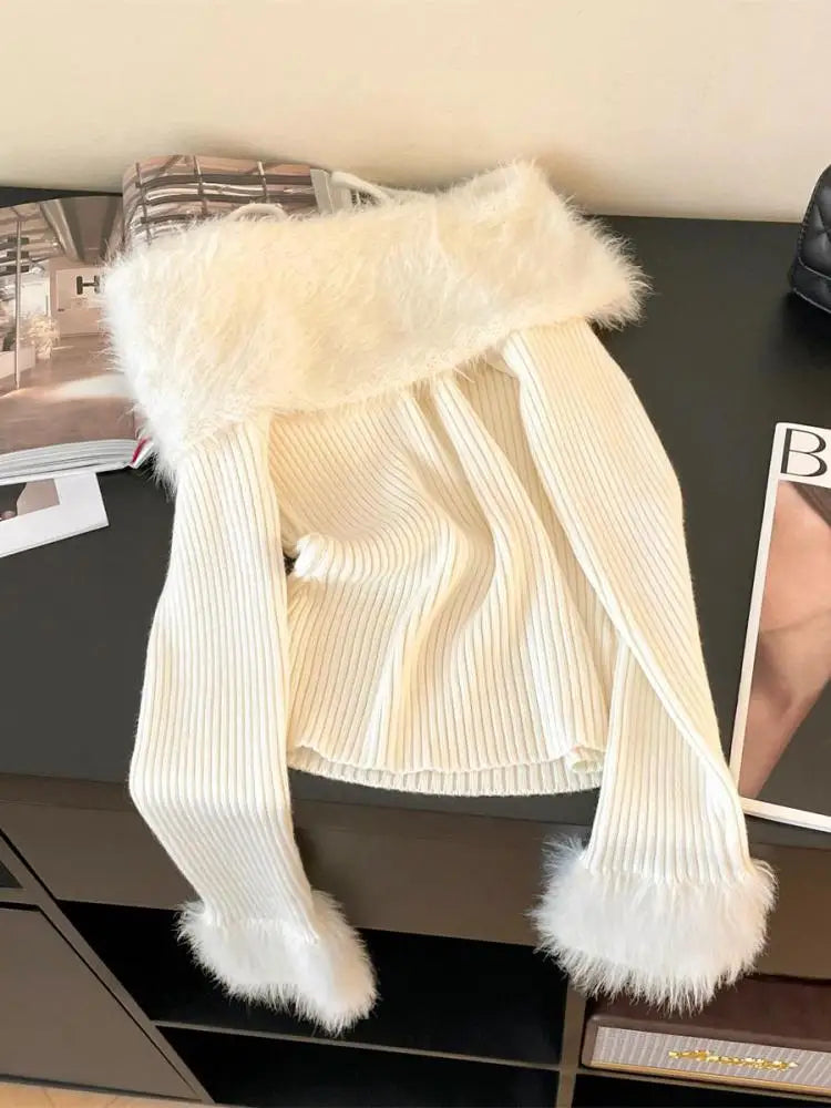 Autumn Winter Beige Blue Elegant Plush Neck Off Shoulder Short Knitted Sweater Korean Women's Brown Long Sleeved Pullover Tops