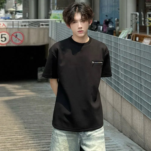 Load image into Gallery viewer, Fashion Men&#39;s Tees Zippers Design T-shirts Casual Round Neck Short Sleeve Loose Male Tops Korean Style 9C6601
