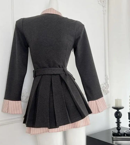Autumn Vintage Pink Stripe Patchwork Elegant Long Sleeve Mini Dresses Women College Style Button Bow Short Pleated Dress Fashion