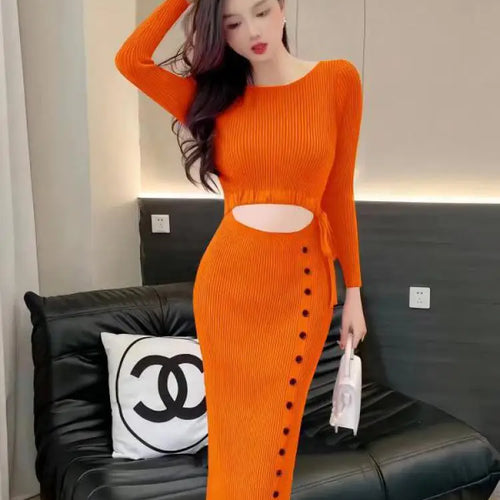 Load image into Gallery viewer, French Women Solid Elegant Festival Hollow Out Knit Dress Autumn Long Sleeve Slim Fashion Drawstring Lace-up Wrap Hip Dress Chic
