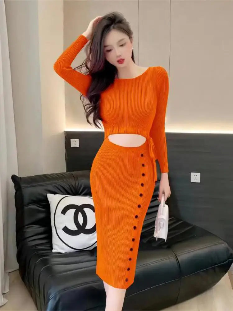 French Women Solid Elegant Festival Hollow Out Knit Dress Autumn Long Sleeve Slim Fashion Drawstring Lace-up Wrap Hip Dress Chic