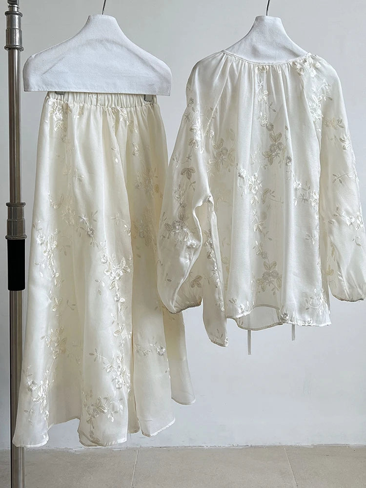 Apricot Shirt Embroidery Thin Skirt Two Pieces Suit New V-Neck Long Sleeve Women Fashion Tide Spring Summer 2025 1DJ1241