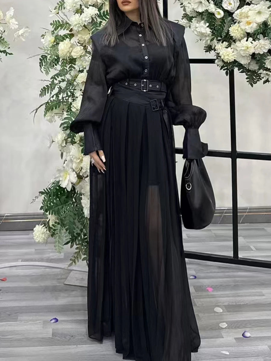 Solid Spliced Button Two Piece Set Dor Women Lapel Long Sleeve Top High Waist Loose Skirt Sets Female Fashion New