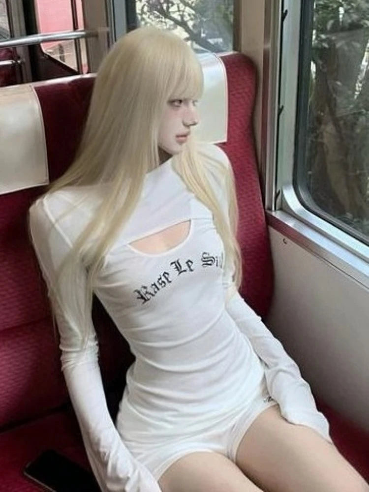 Y2k Aesthetic Two Piece Sets Streetwear Fairy Casual Crop Hooded Tops + Harajuku Letter Print Slim Fit Vest Female Grunge Suit