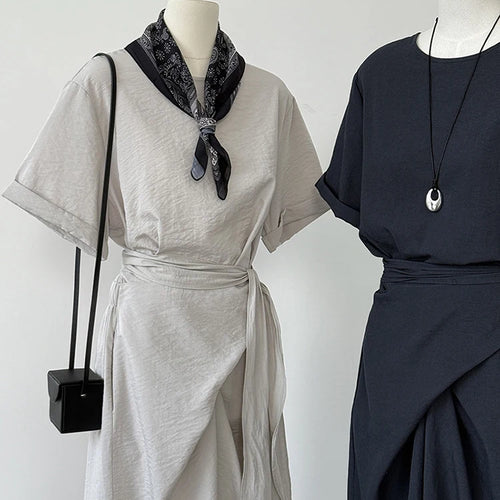 Load image into Gallery viewer, Women Navy Blue Cross Bandage Big Size Elegant Midi Dress New Round Neck Short Sleeve Fashion Spring Summer 2025 1DJ1359
