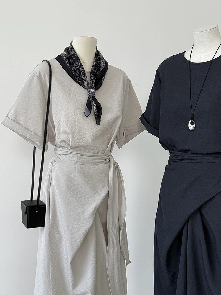 Women Navy Blue Cross Bandage Big Size Elegant Midi Dress New Round Neck Short Sleeve Fashion Spring Summer 2025 1DJ1359