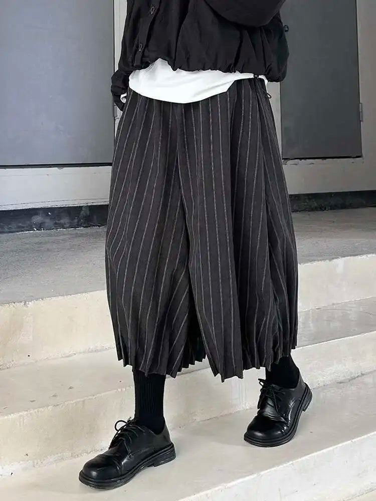 High Elastic Waist Black Striped Pleated Long Wide Leg Pants New Trousers Women Fashion Tide Spring Autumn 2025 1DH9095