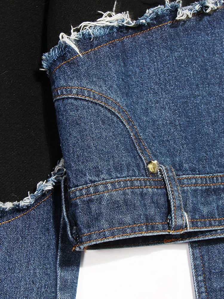 Loose Fit Denim Burr Split Asymmetrical Sweatshirt New Round Neck Long Sleeve Women Big Size Fashion Spring 2025 1M87901