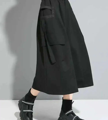 Hight Elastic Waist Black Pockets Ribbon Long Casual Half-body Skirt Women Fashion Tide New Spring Autumn 2025 1DF5316