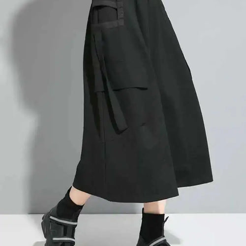 Load image into Gallery viewer, Hight Elastic Waist Black Pockets Ribbon Long Casual Half-body Skirt Women Fashion Tide New Spring Autumn 2025 1DF5316
