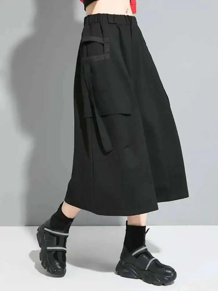 Hight Elastic Waist Black Pockets Ribbon Long Casual Half-body Skirt Women Fashion Tide New Spring Autumn 2025 1DF5316
