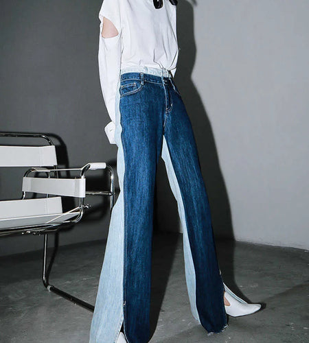 Blue Contrast Color Split Joint Long Wide Leg Jeans New High Waist Loose Women Trousers Fashion Spring Autumn 2025 1T276