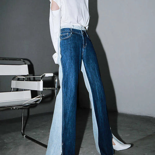 Load image into Gallery viewer, Blue Contrast Color Split Joint Long Wide Leg Jeans New High Waist Loose Women Trousers Fashion Spring Autumn 2025 1T276
