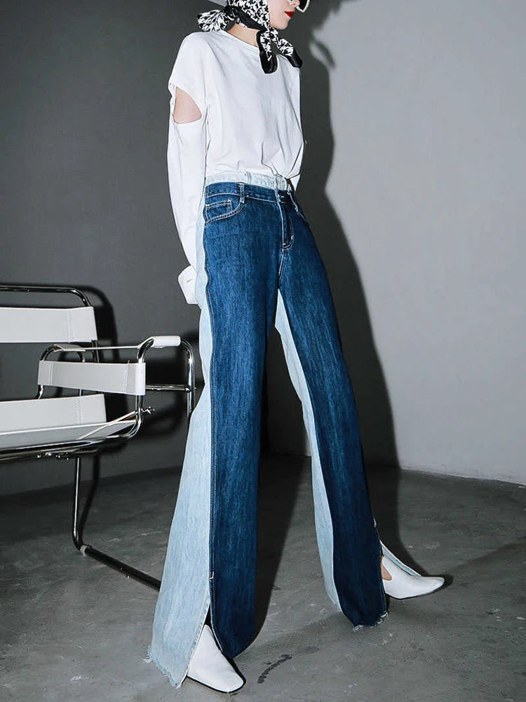 Blue Contrast Color Split Joint Long Wide Leg Jeans New High Waist Loose Women Trousers Fashion Spring Autumn 2025 1T276