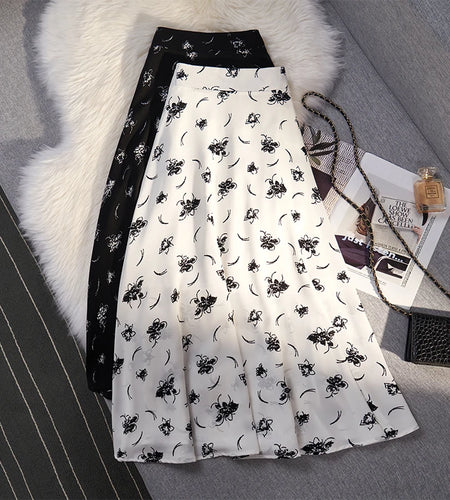 Summer Women Elegant Casual Beach Skirt 2023 New Flower Print Elastic Waist Slim Ladies Mid-length Pleated Skirts Vintage French