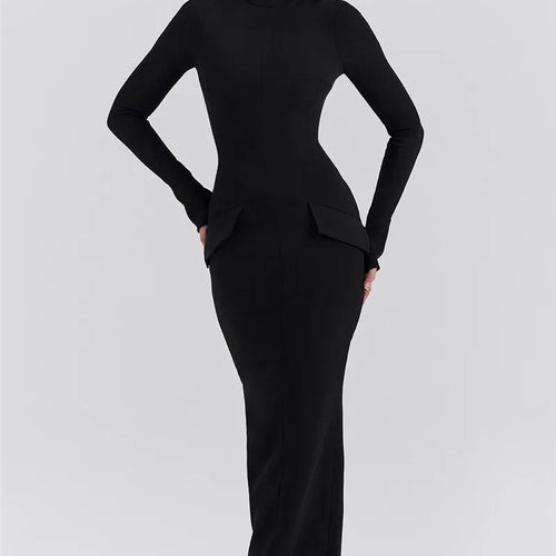 Load image into Gallery viewer, Black Long Sleeve Sexy Maxi Dress For Women Autumn Winter New O Neck Two Pocket Back Split Bodycon Long Dress Elegant
