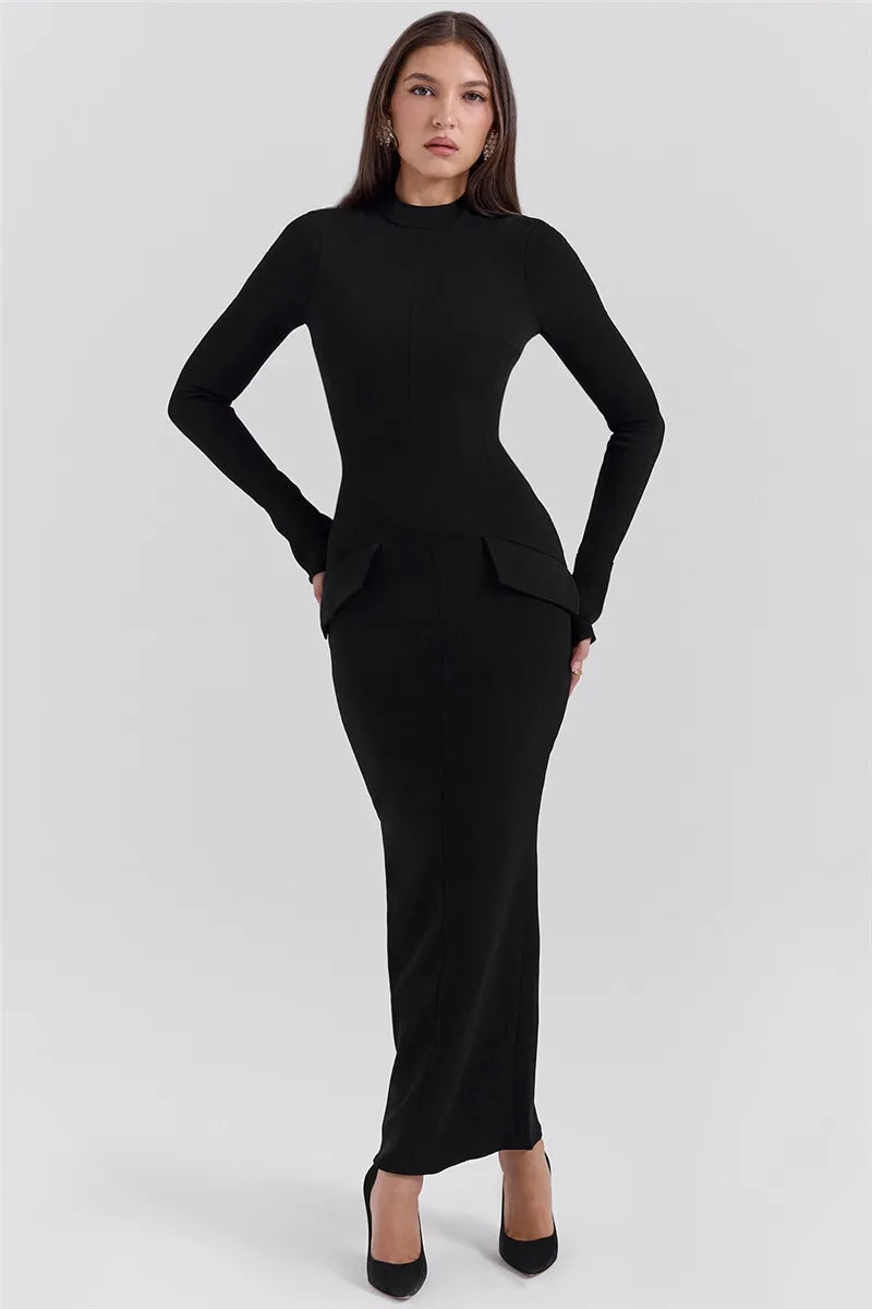Black Long Sleeve Sexy Maxi Dress For Women Autumn Winter New O Neck Two Pocket Back Split Bodycon Long Dress Elegant