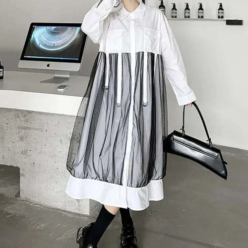 Load image into Gallery viewer, Women White Mesh Ribbons Pocket Big Size Midi Shirt Dress New Lapel Long Sleeve Fashion Tide Spring Autumn 2025 1DH8647

