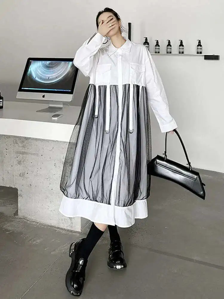 Women White Mesh Ribbons Pocket Big Size Midi Shirt Dress New Lapel Long Sleeve Fashion Tide Spring Autumn 2025 1DH8647