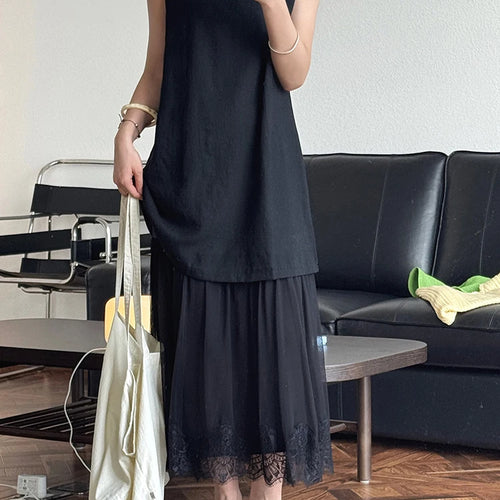 Load image into Gallery viewer, Women Beige Mesh Lace Spliced Elegant Long Vest Dress New Round Neck Sleeveless Fashion Tide Spring Summer 2025 1DJ1216
