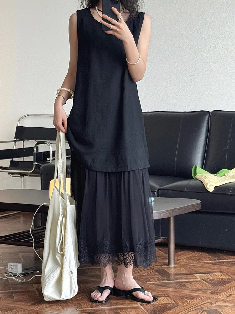 Women Beige Mesh Lace Spliced Elegant Long Vest Dress New Round Neck Sleeveless Fashion Tide Spring Summer 2025 1DJ1216