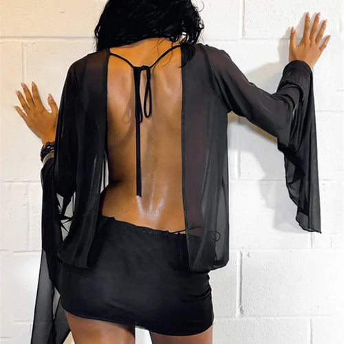 Load image into Gallery viewer, Mesh See Through Sexy Mini Dress For Women Black Sheer Mesh Deep V Neck Long Sleeve Backless Draped Ruched Dress
