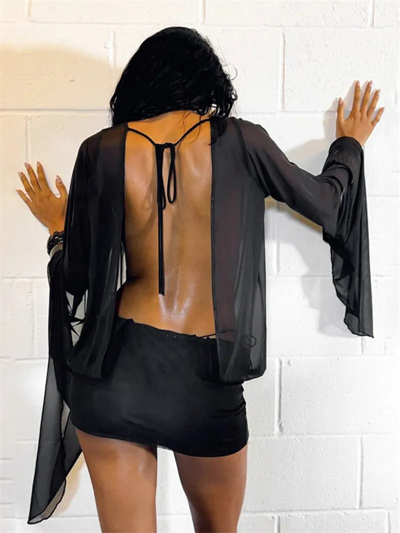 Mesh See Through Sexy Mini Dress For Women Black Sheer Mesh Deep V Neck Long Sleeve Backless Draped Ruched Dress