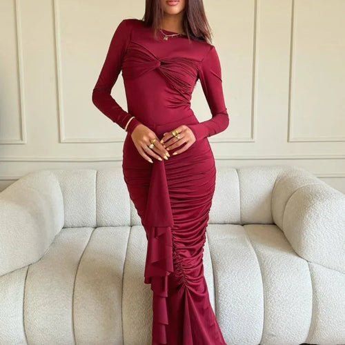 Load image into Gallery viewer, Elegant Long Sleeved Elastic Tight Pleated Party Club Evening Dress Women Fashion Maxi Vestido Autumn Winter New Female
