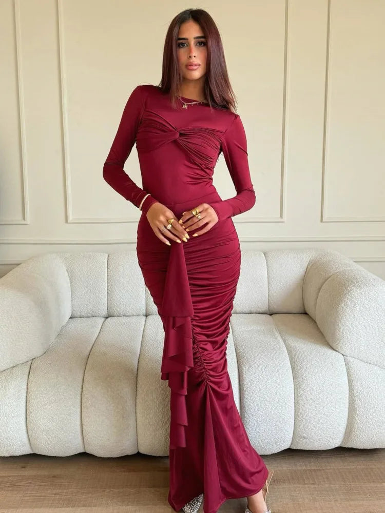 Elegant Long Sleeved Elastic Tight Pleated Party Club Evening Dress Women Fashion Maxi Vestido Autumn Winter New Female