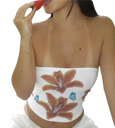 Strapless Top y2k Coquette Clothes Women Floral Print Off Shoulder Sleeveless Bandeau Vest 2000s Clothing Streetwear