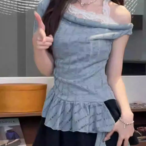 Load image into Gallery viewer, Y2k Aesthetic Lace Patchwork Slim Tshirts Women Harajuku Skew Collar Halter T-shirt 2025 Streetwear Irregular Ruffled Tees Femme
