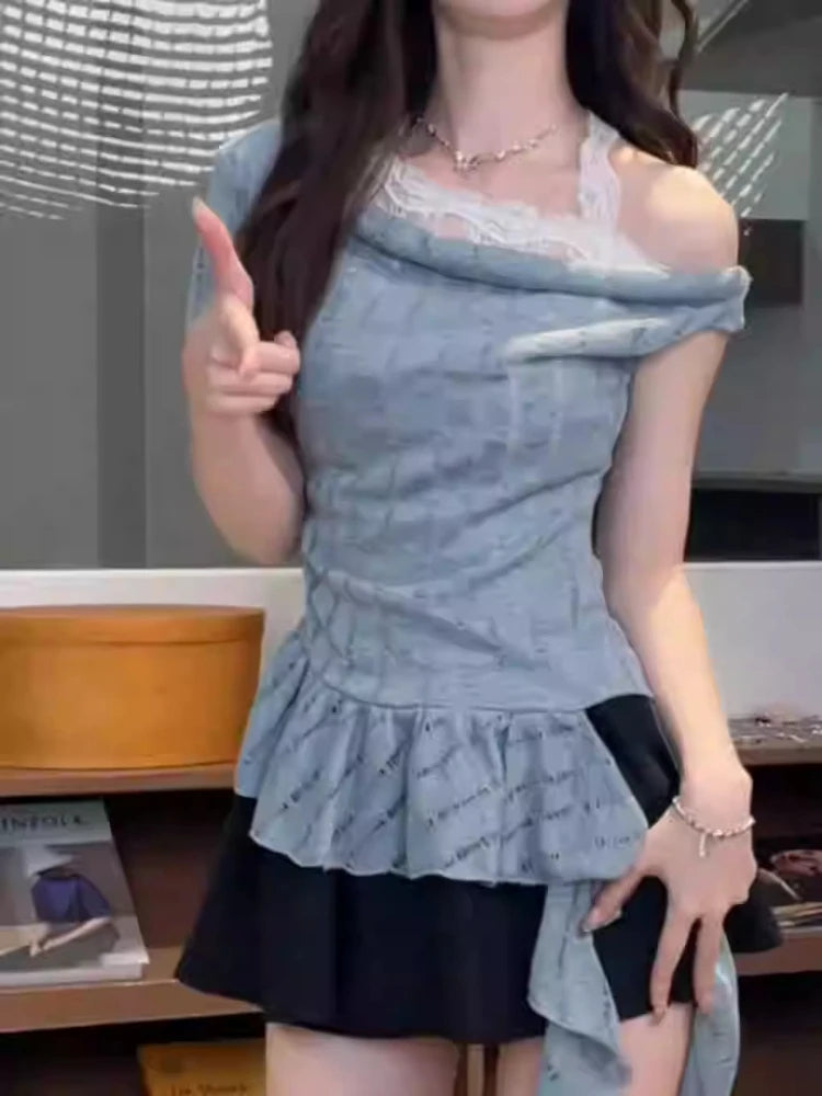 Y2k Aesthetic Lace Patchwork Slim Tshirts Women Harajuku Skew Collar Halter T-shirt 2025 Streetwear Irregular Ruffled Tees Femme