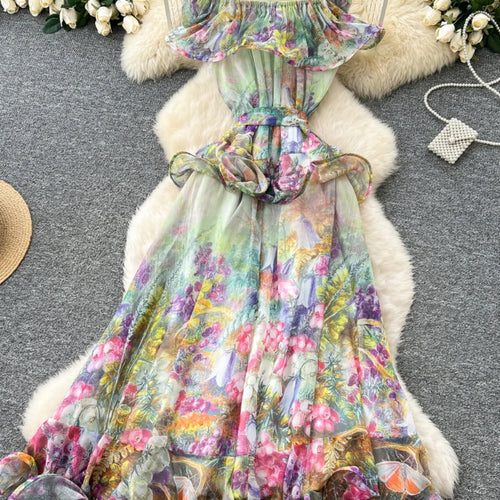 Load image into Gallery viewer, French Retro Women's Pink Green Print Elegant Off Shoulder Princess Dresses Spring Slim Lace-up Ruffles Evening Party Dress Boho
