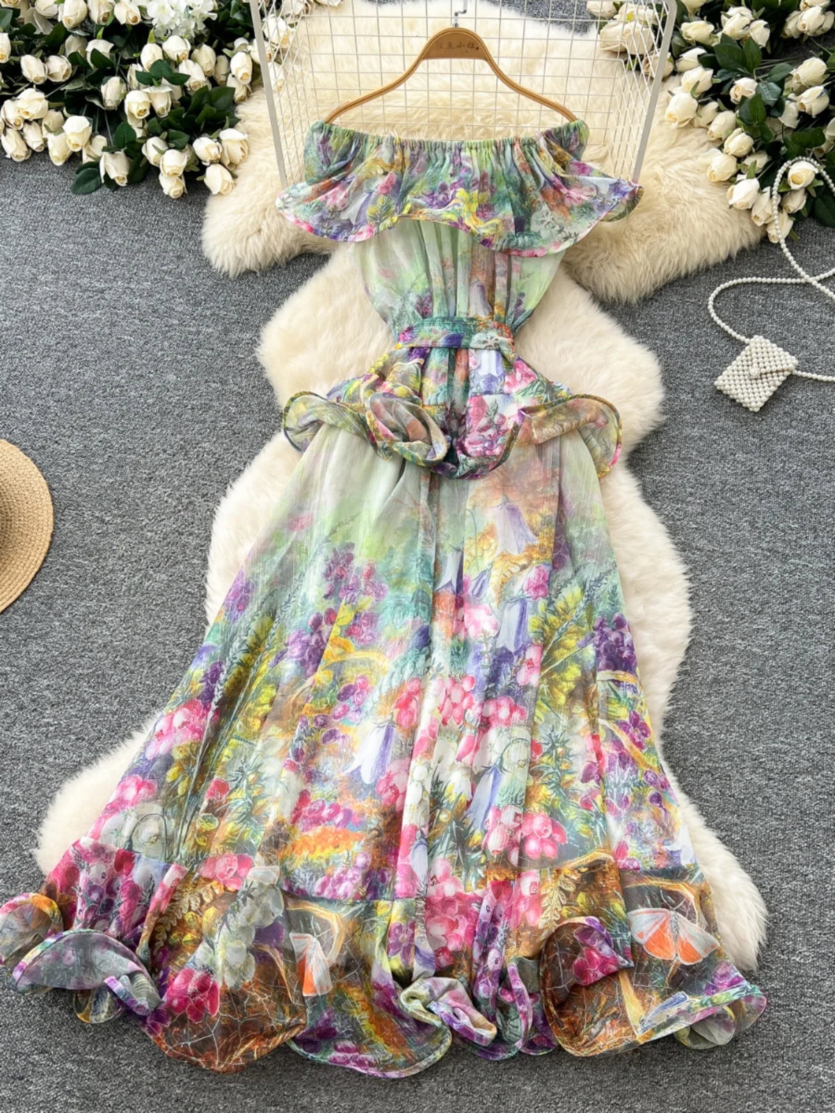 French Retro Women's Pink Green Print Elegant Off Shoulder Princess Dresses Spring Slim Lace-up Ruffles Evening Party Dress Boho