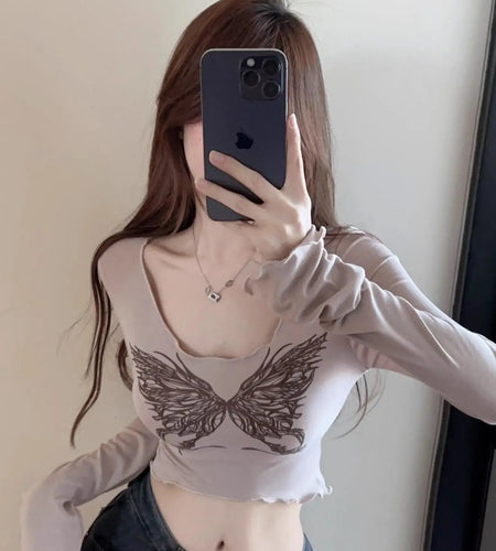 Shirts for Women Butterfly Print Sexy Tshirts Long Sleeve Tunic Tees V-neck Tees Crop Tops Casual Fashion Korean Y2k T-shirt