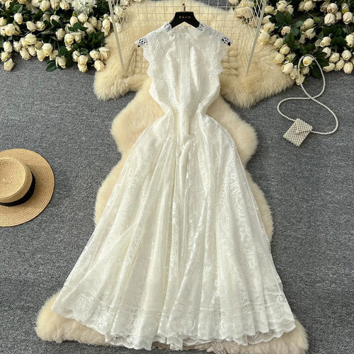 Load image into Gallery viewer, French Retro Romantic Women's Black Lace Elegant Sleeveless Long Dress Summer White Sexy Slim Ruffles Evening Party Fairy Dress
