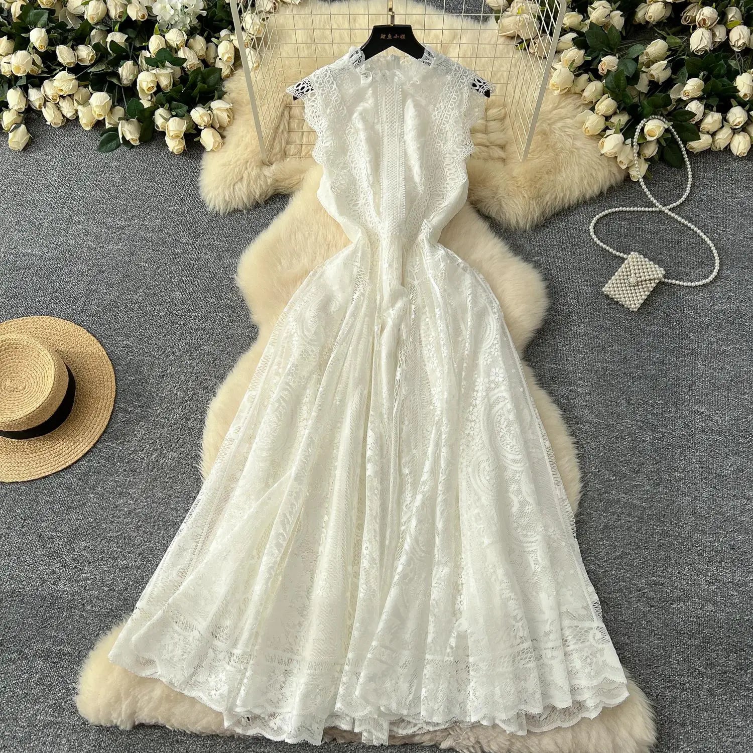 French Retro Romantic Women's Black Lace Elegant Sleeveless Long Dress Summer White Sexy Slim Ruffles Evening Party Fairy Dress