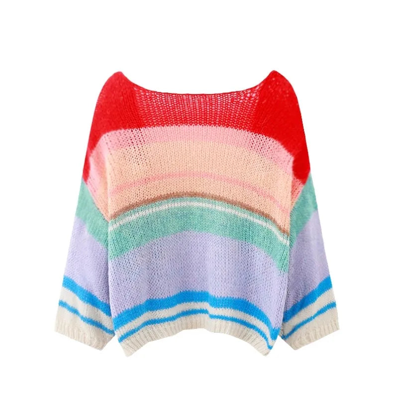 Fall Winter Women Cardigan Oversize Girls Sweet Knitted Rainbow Striped Coat Sweater Tops C-268