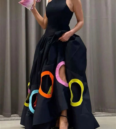 Summer Clothes Women 2024 Dress Hollow Pleated Split-Joint Sleeveless Round-neck Party Vestidos Largos Black Dress Long