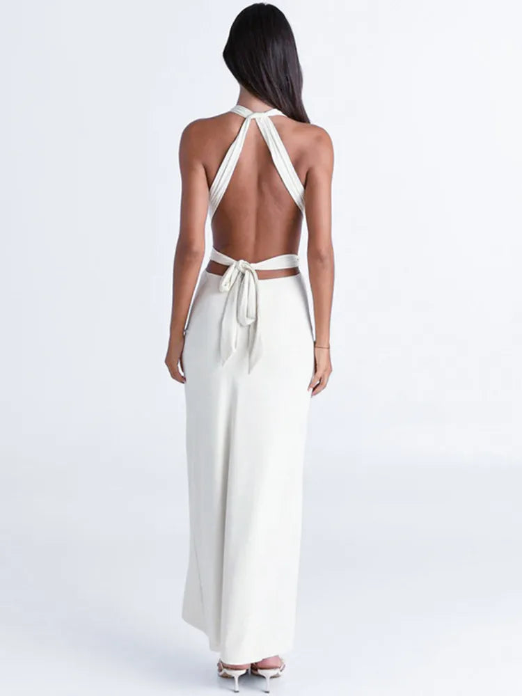 Halter Deep V Neck Sexy Maxi Dress For Women Fashion Solid Sleeveless Backless Lace-up Club Party Long Dress Vestido