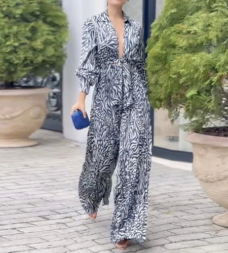 Summer Women ‘s Elegant Deep V-Neck Jumpsuits 2025 Ubran Printed Long Sleeves Lapel Female Wide Leg one pieces Jumpsuit