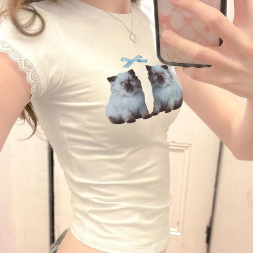 Load image into Gallery viewer, Harajuku Bow Animal Printed Bodycon Crop Top Women Lace Trim Casual Summer T-shirt Kawaii Baby Tee Crew Neck Outfits
