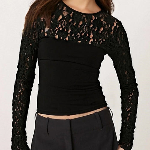 Load image into Gallery viewer, y2k Tops Women Sheer Lace Patchwork Round Neck Long Sleeve T Shirts Streetwear
