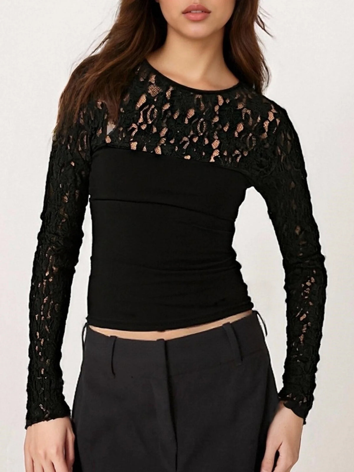 y2k Tops Women Sheer Lace Patchwork Round Neck Long Sleeve T Shirts Streetwear